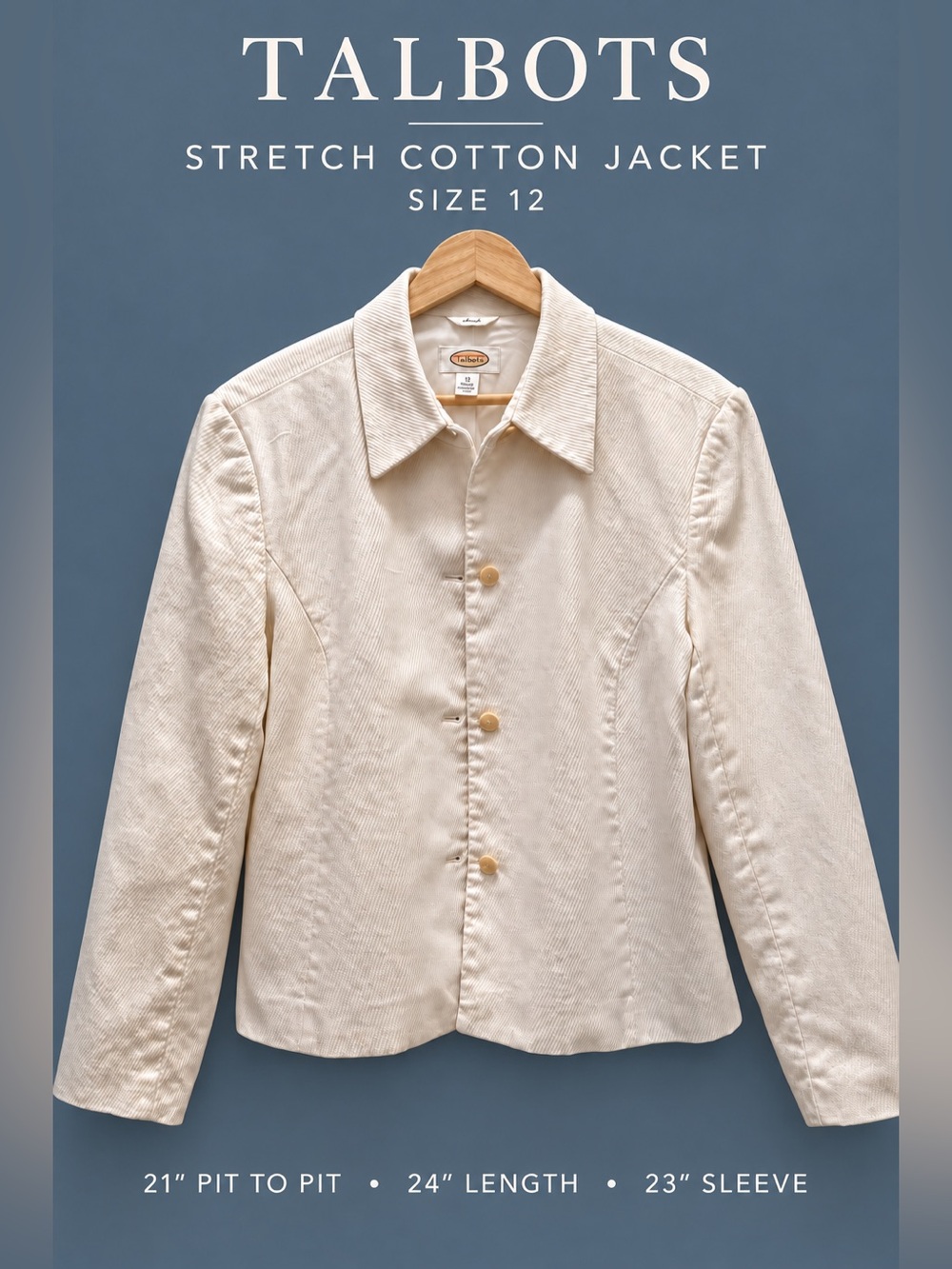 Talbots Stretch Cotton Jacket Women’s 12 Off-White Ribbed Button Front
